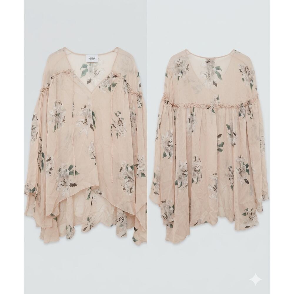 Dondup 100% Silk Italian Sheer Pink Lily Flower Print Peasant Blouse EU 38/ US 4